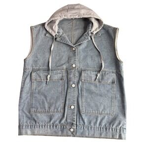 Denim Vest with Gray Hood Mens 2XL Button Front Sleeveless Jacket
